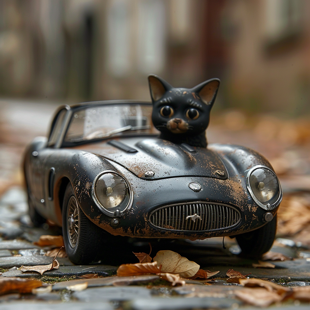 Vintage black toy car with determined expression, cobblestone background.