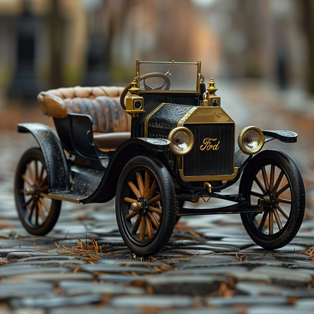 Vintage black toy car with determined expression on cobblestone.