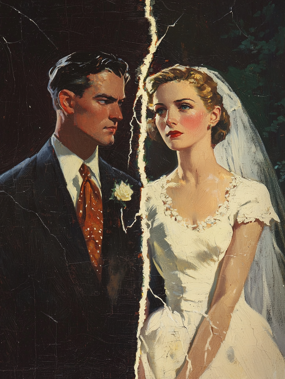 Vintage book cover with split bride and groom.