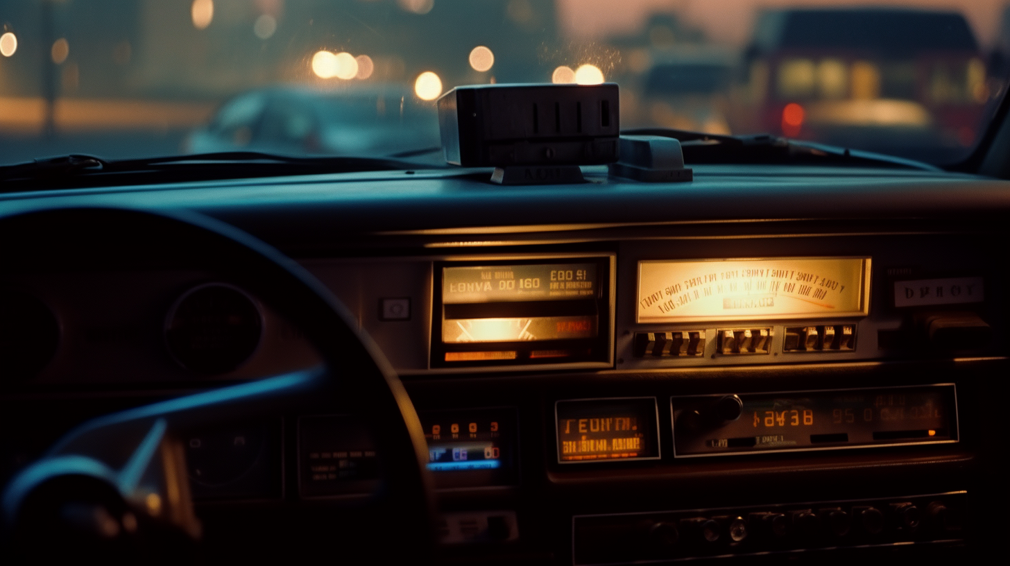 Vintage car stereo in 1990s with digital radio display.