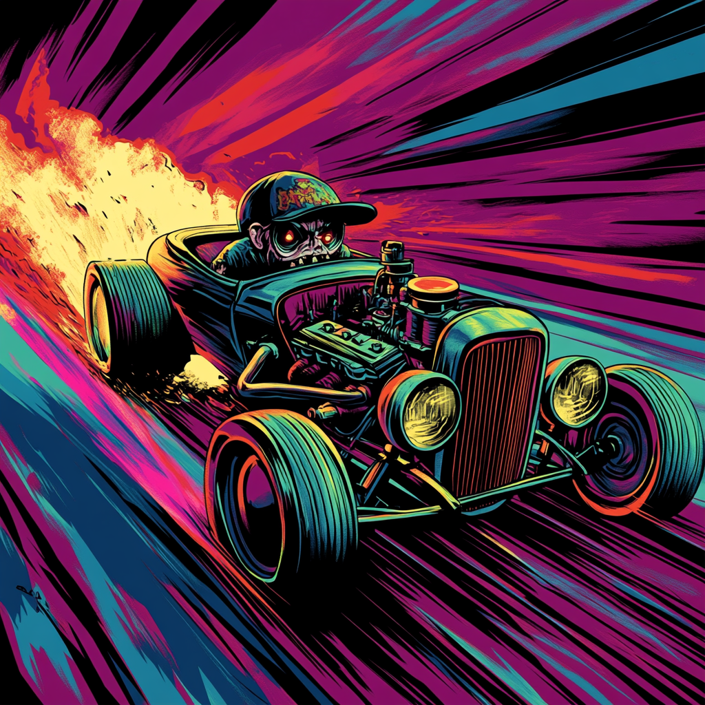 Vintage comic Rat Fink in neon hot rod