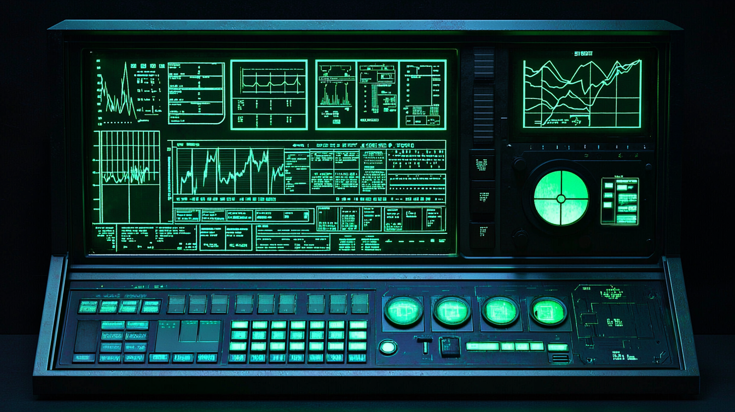 Vintage computer screen with financial data and AI icons