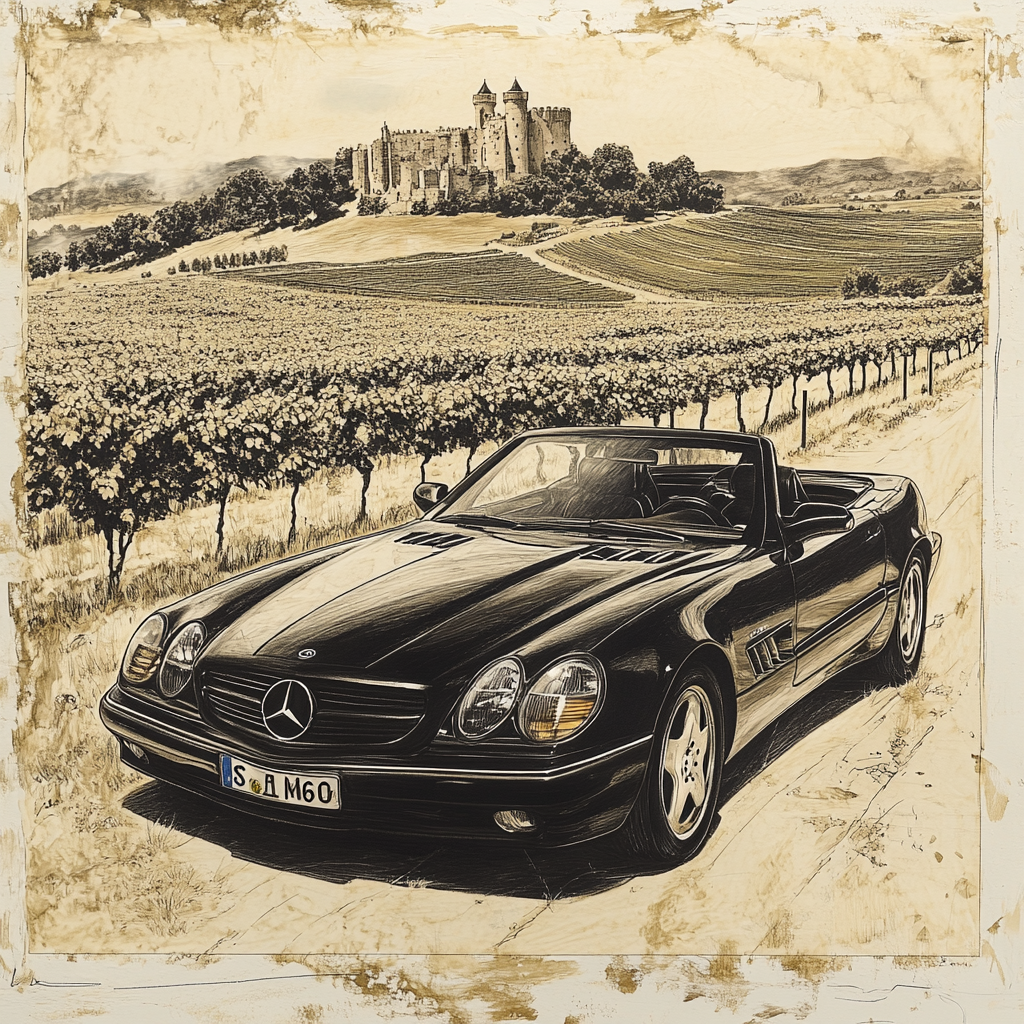 Vintage detailed drawing: Black 1995 SL600 Mercedes-Benz