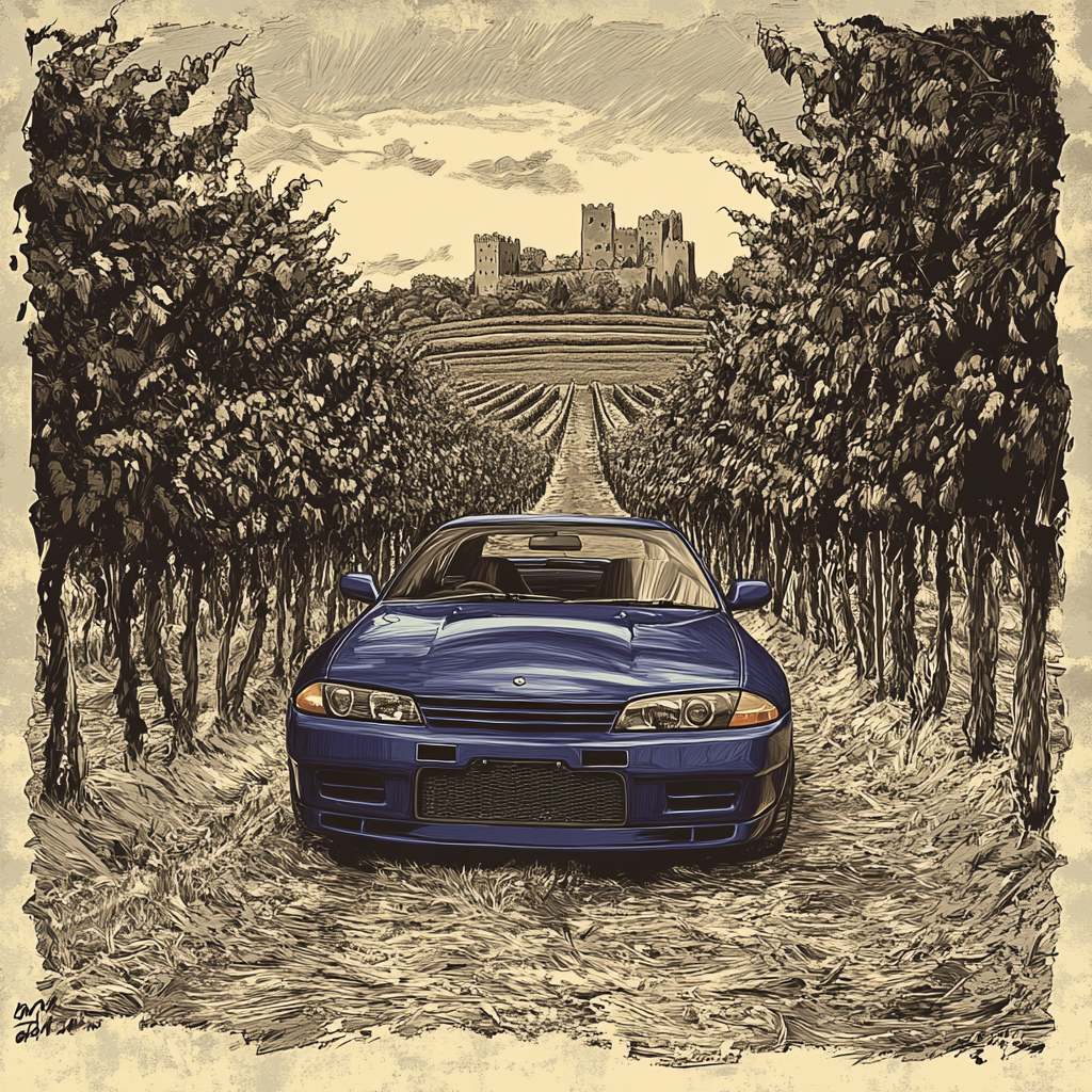 Vintage drawing of blue Nissan Skyline in vineyard