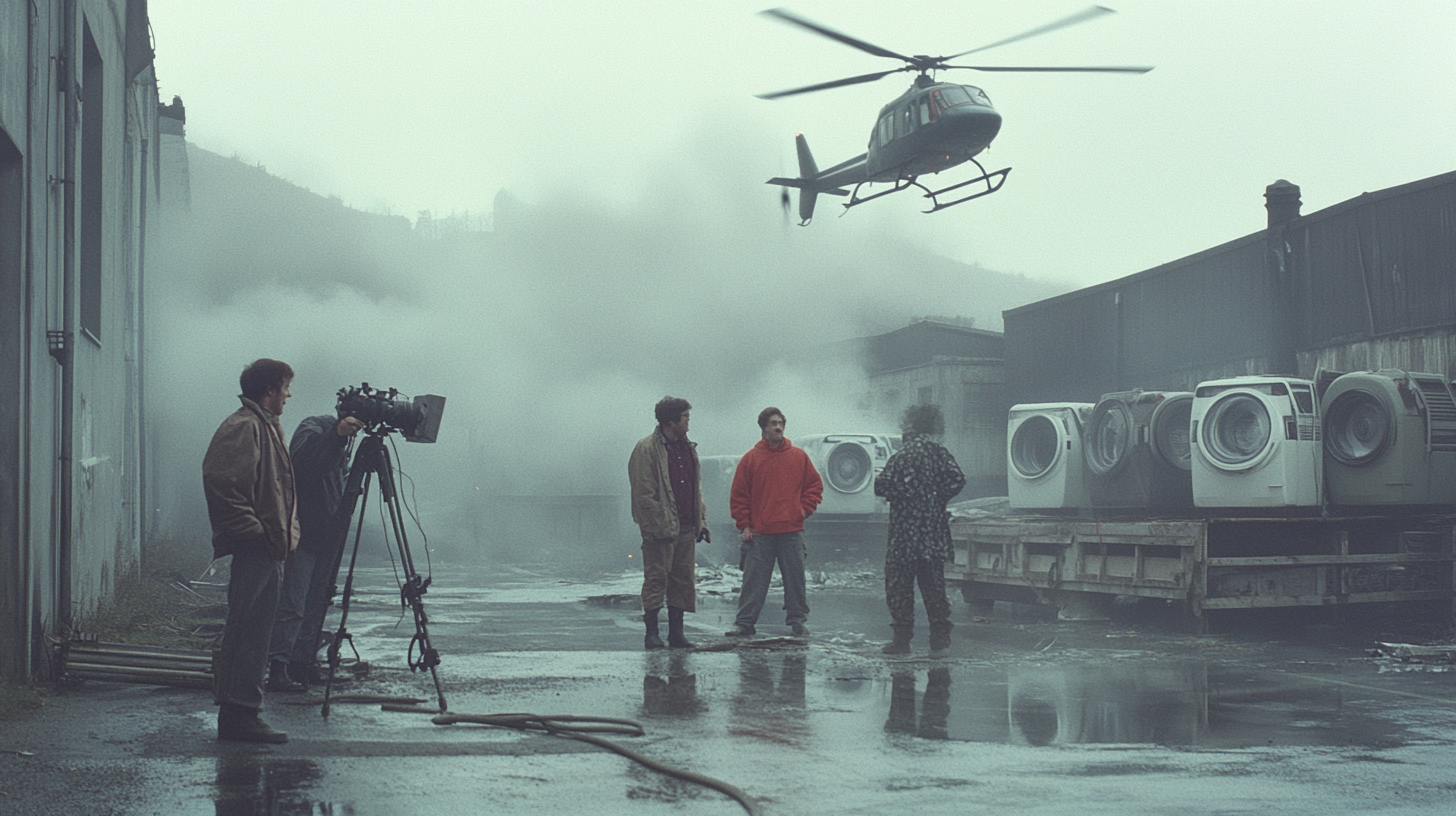 Vintage film crew on foggy loading dock