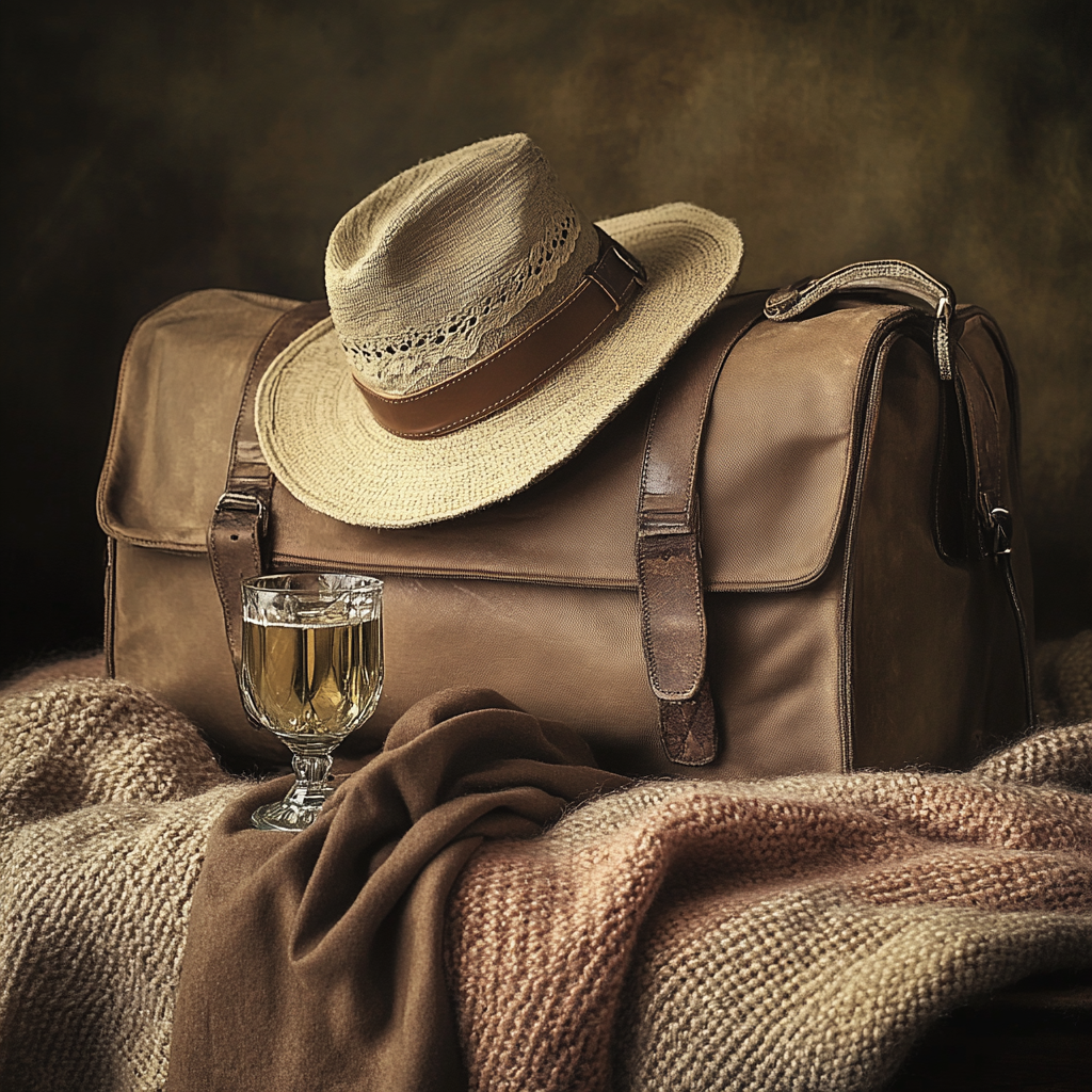 Vintage image with brown blanket, cowgirl hat, duffel bag, champagne.