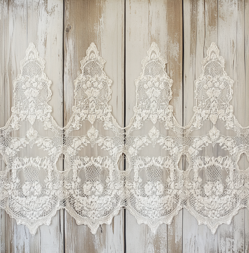 Vintage lace panels on rustic wood background