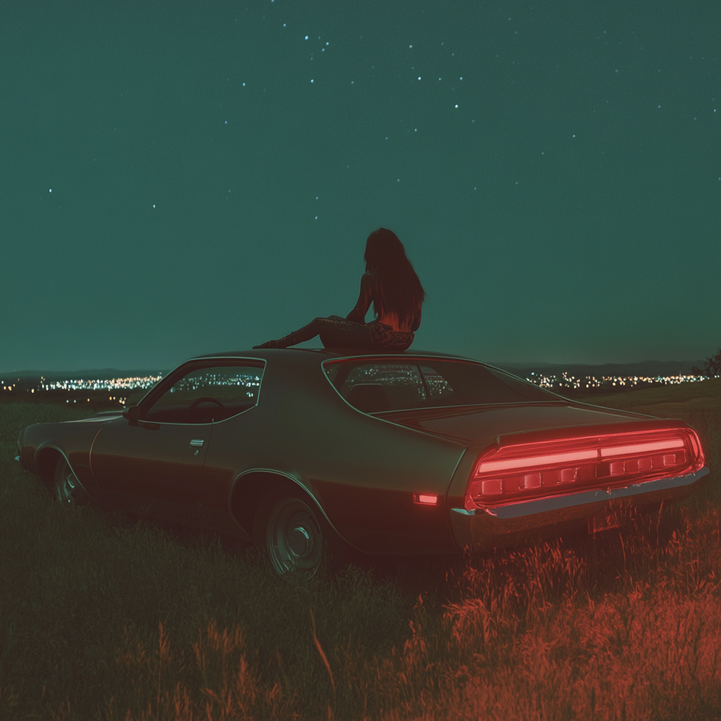 Vintage muscle car at night with dreamy cityscape