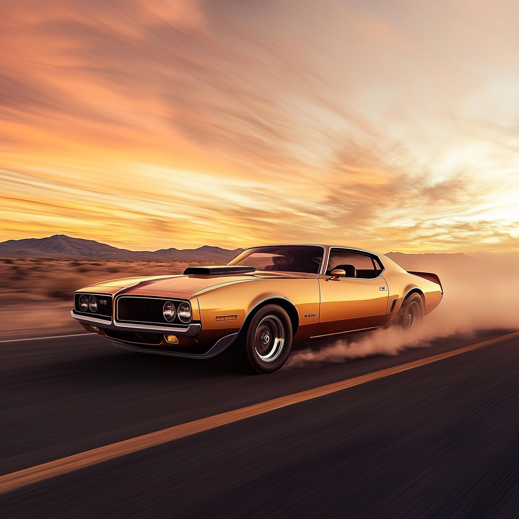 Vintage muscle car speeding on desert highway, retro style.
