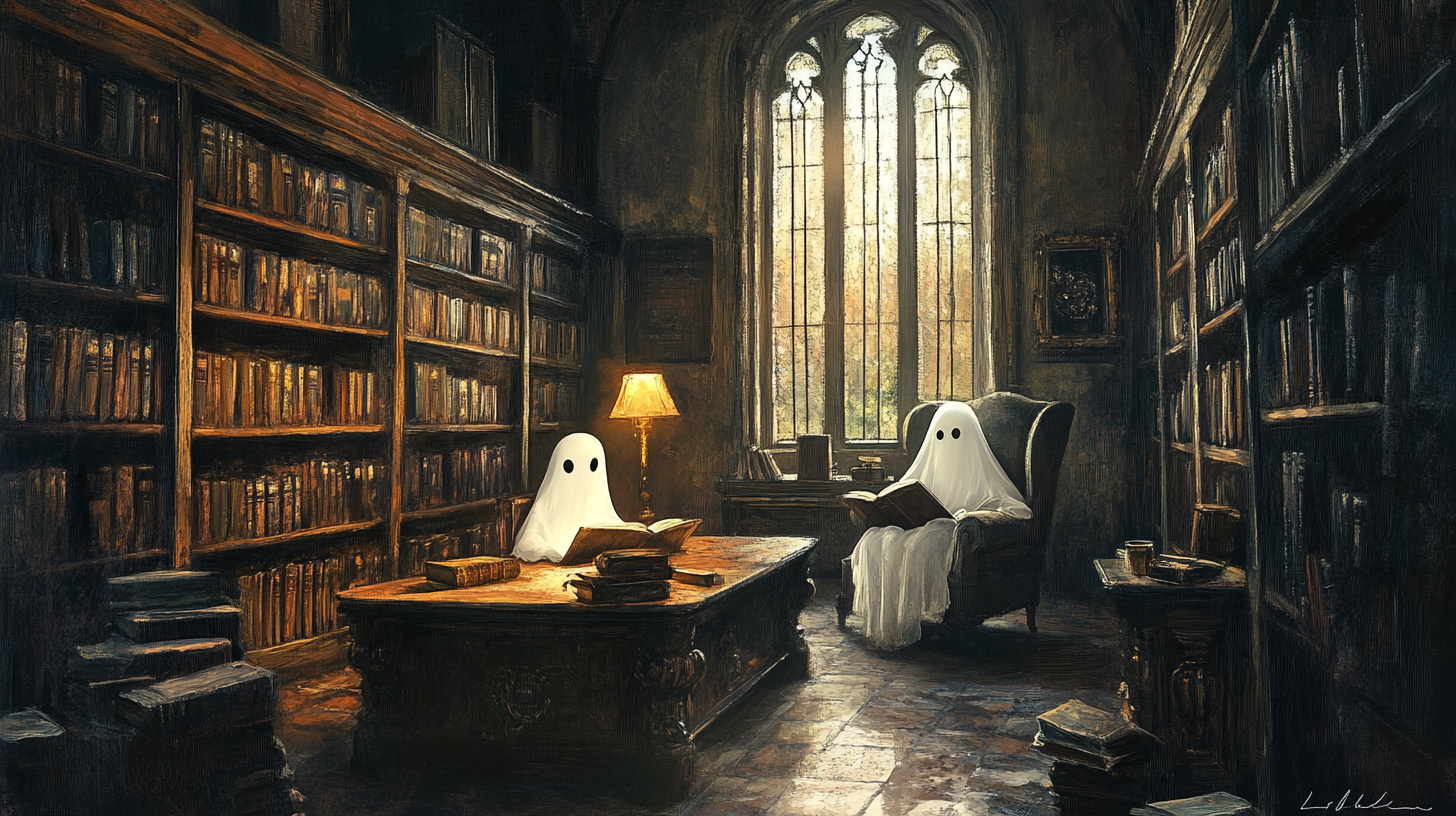 Vintage oil painting of old library with ghosts 