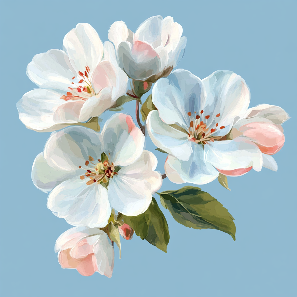 Vintage painting of white and pink flowers on blue