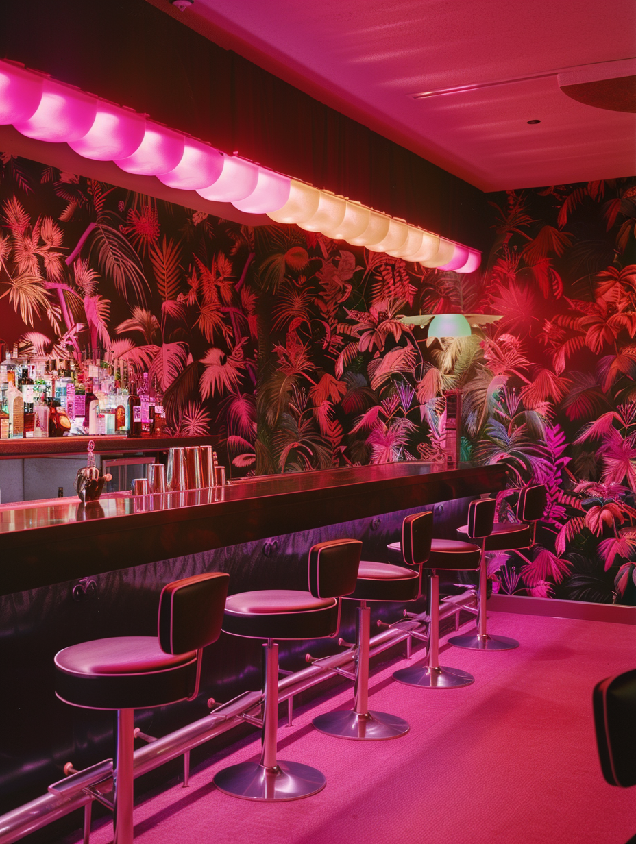 Vintage photo of retro futuristic bar with tropical wallpaper.