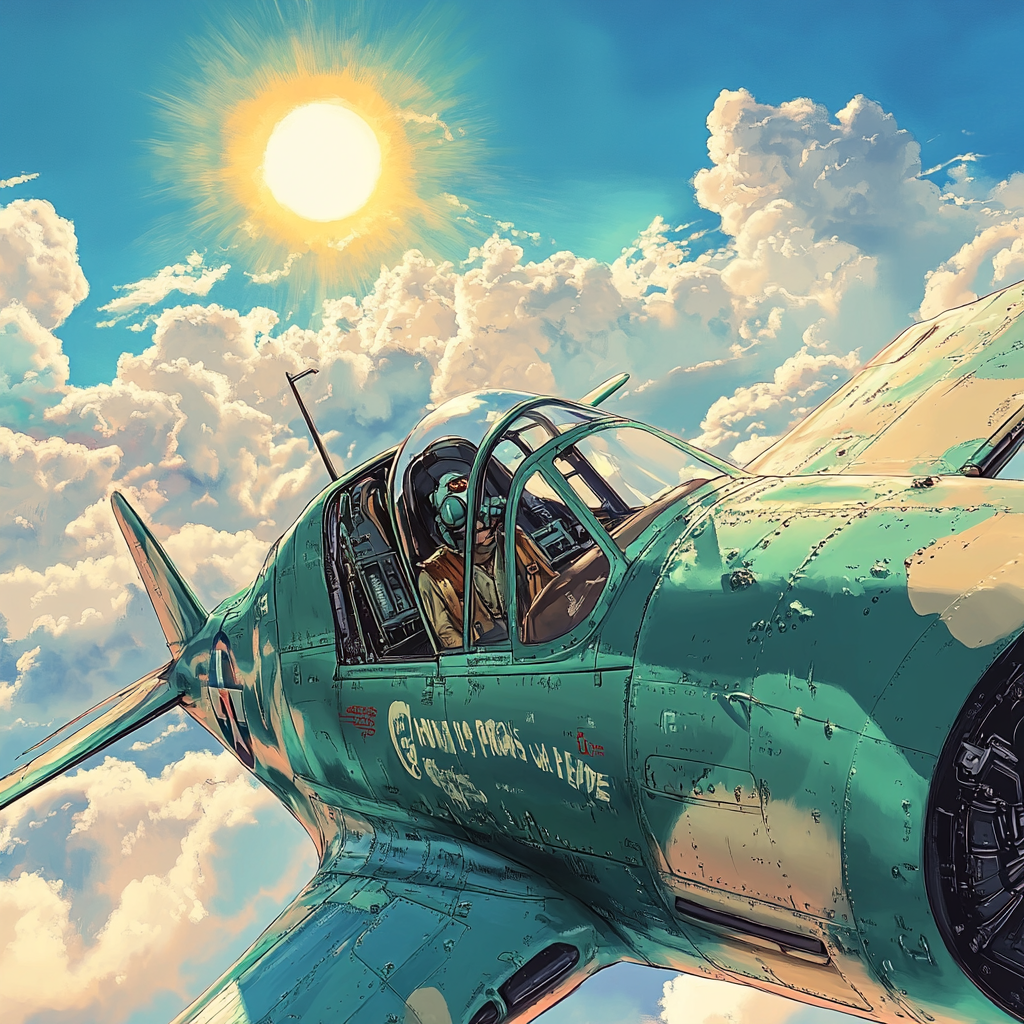 Vintage plane in sky with whimsical sun.