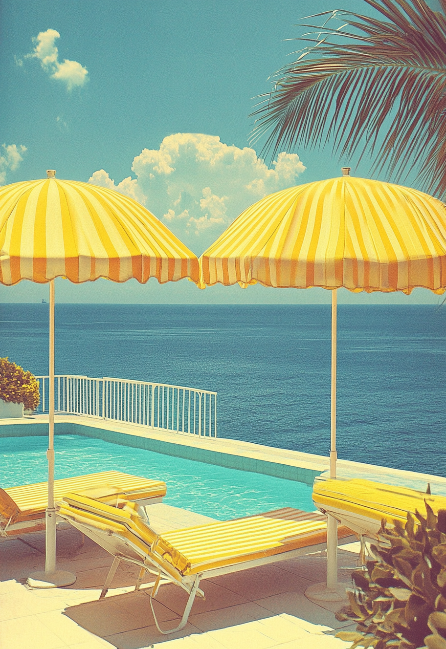 Vintage poolside scene with yellow umbrellas and ocean view.