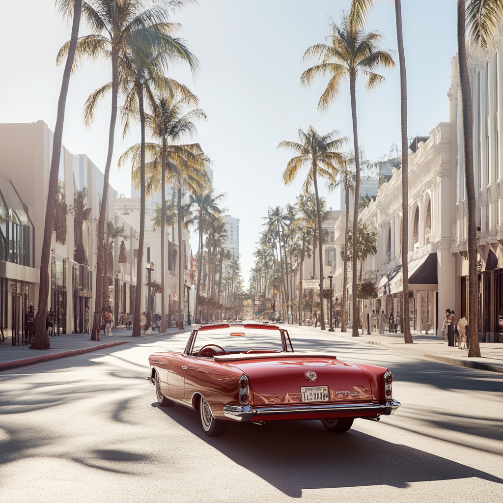 Vintage red car on Rodeo Drive - A Scene of Classic Luxury