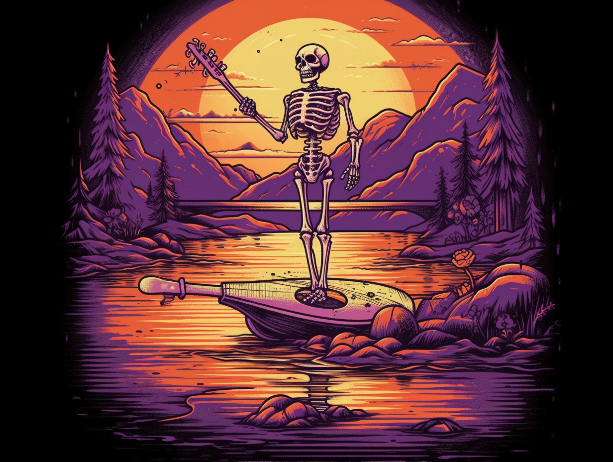 Vintage rock tee: skeleton on paddleboard at sunset.