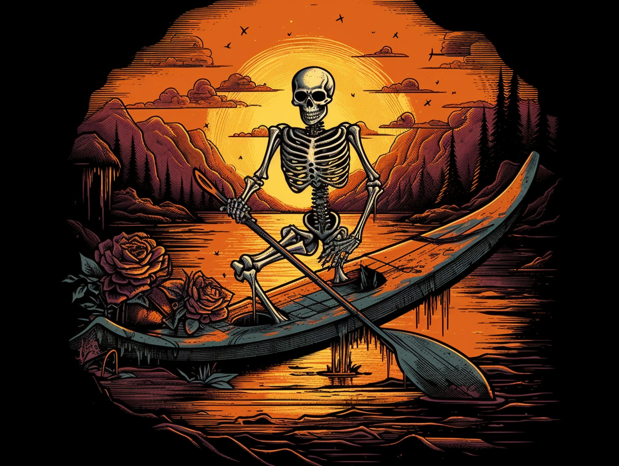 Vintage skeleton paddleboarding at sunset with rock 'n' roll vibe.