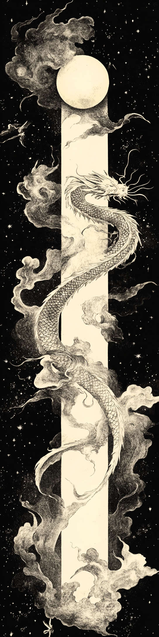 Vintage style illustration of dragons flying in sky.