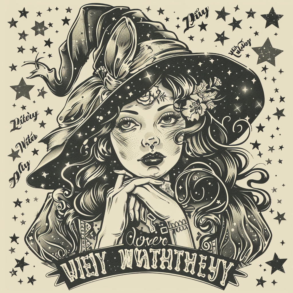 Vintage tattoo-style witch graphic with contemplative pose.