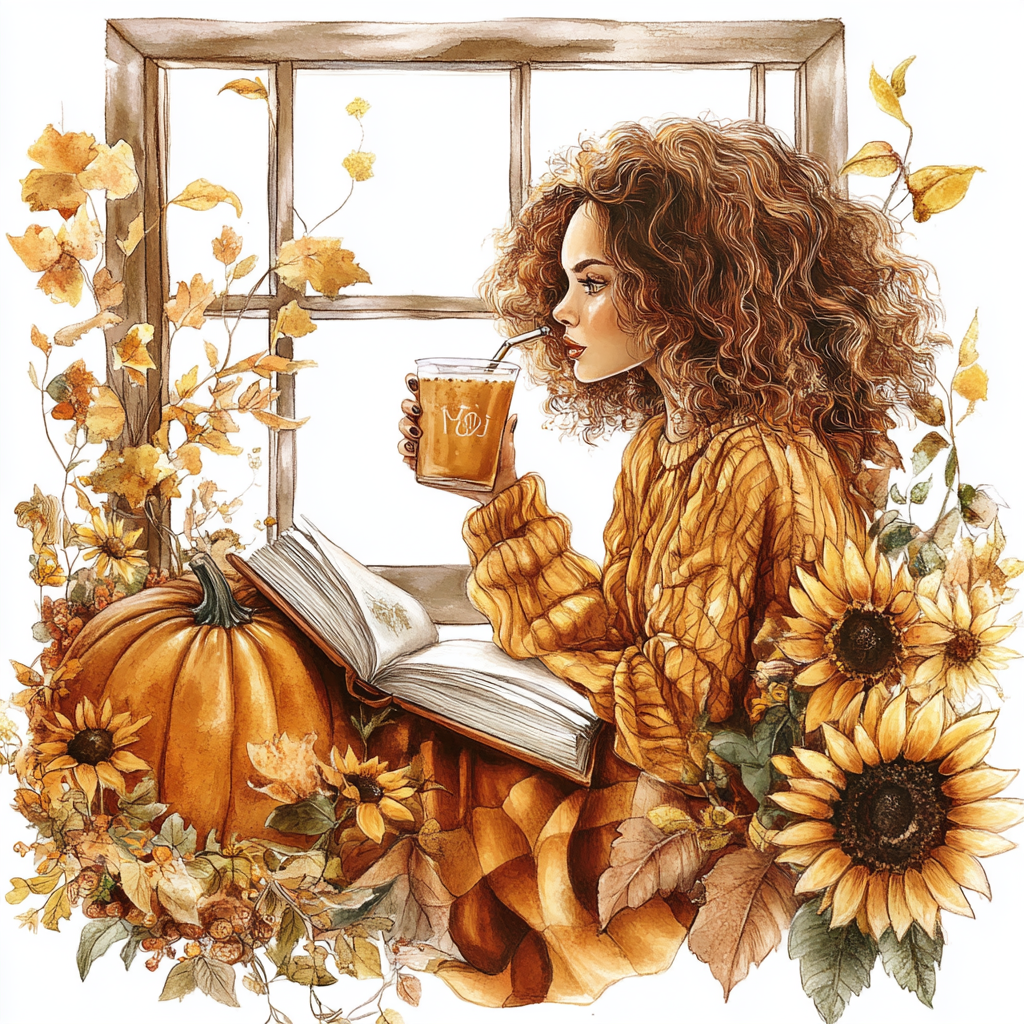 Vintage woman with curly hair drinking coffee and reading.