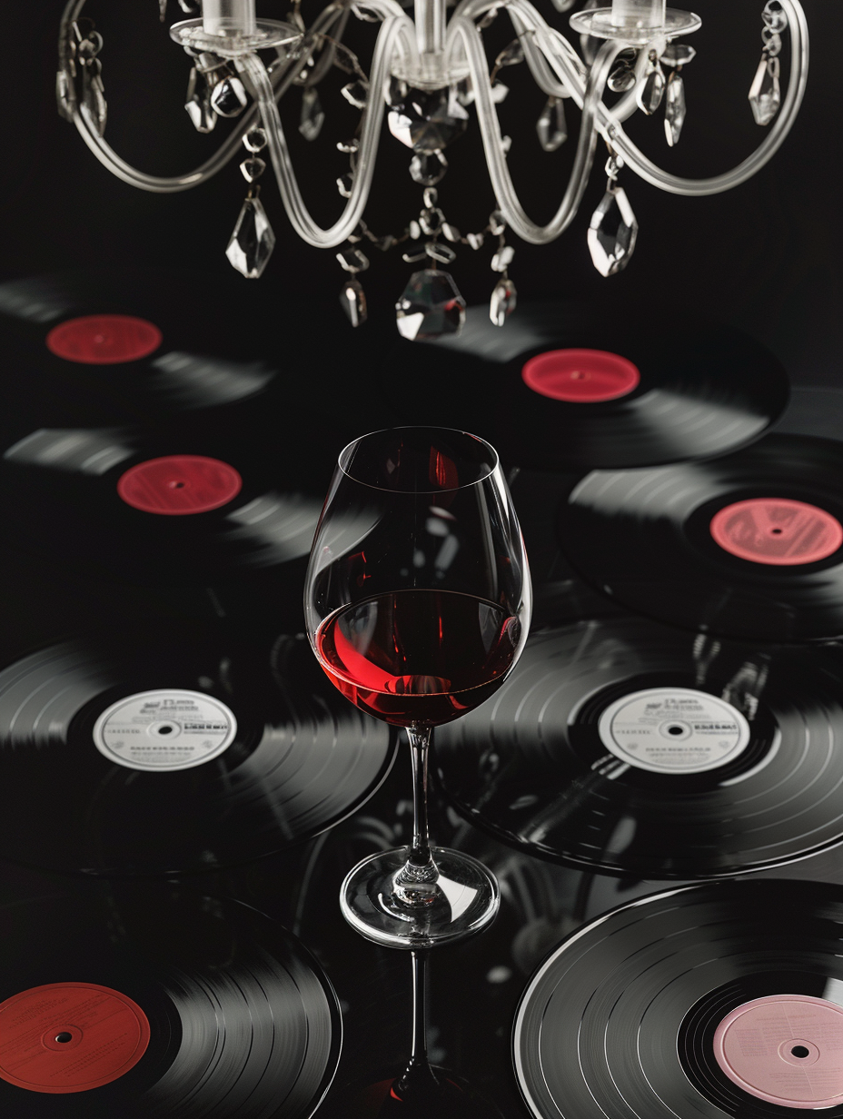 Vinyl Records and Wine Glass in 80s Style