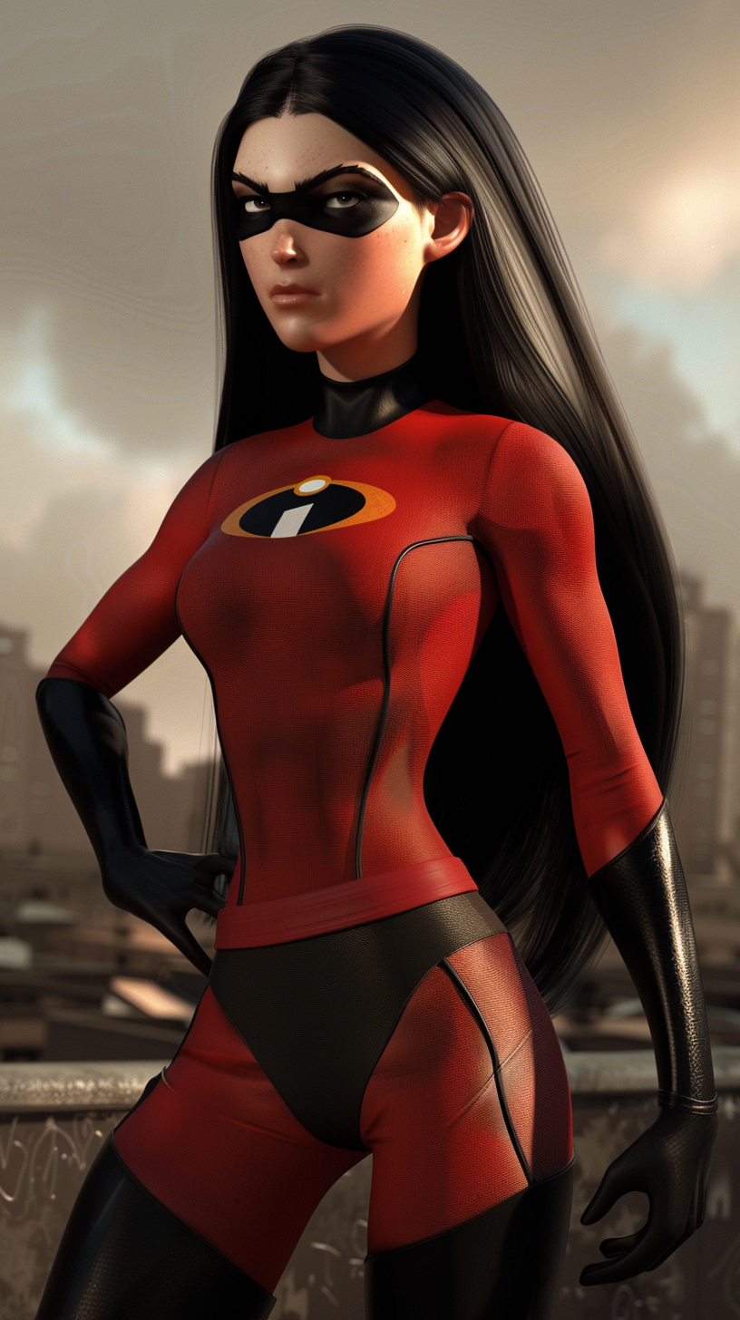 Violet from The Incredibles in superhero suit turning invisible.