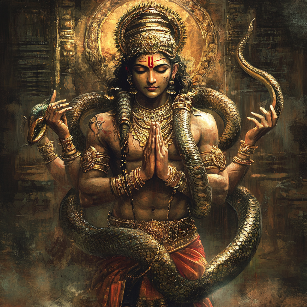 Vishnu in namaskar mudra with snake body.