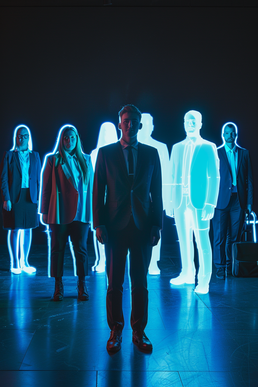 Visible silhouettes represent missing employees in corporate group photo.