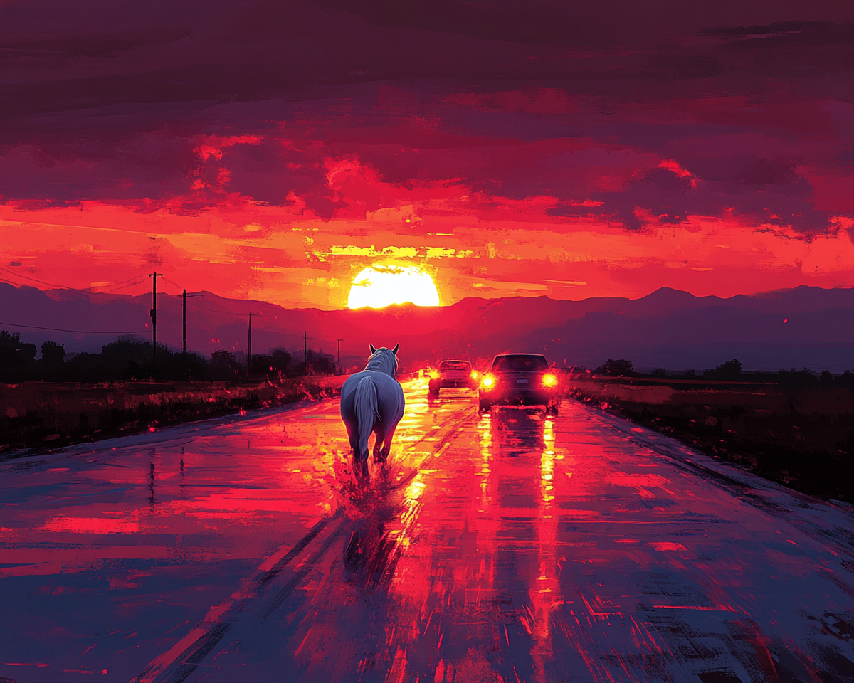 Vivid Colorful Road at Evening with White Horse