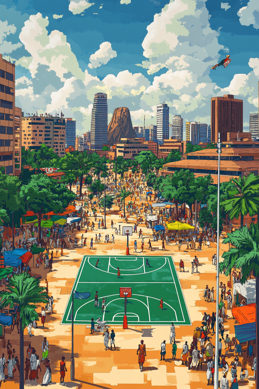 Vivid basketball court in Abuja with diverse city life.