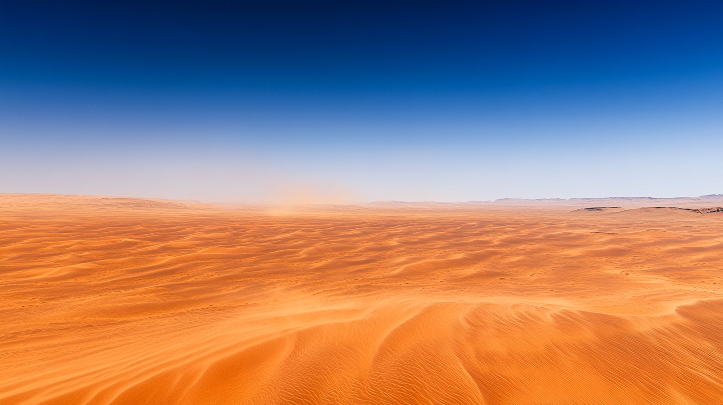 Vivid desert landscape with blue sky, red sands, shadows