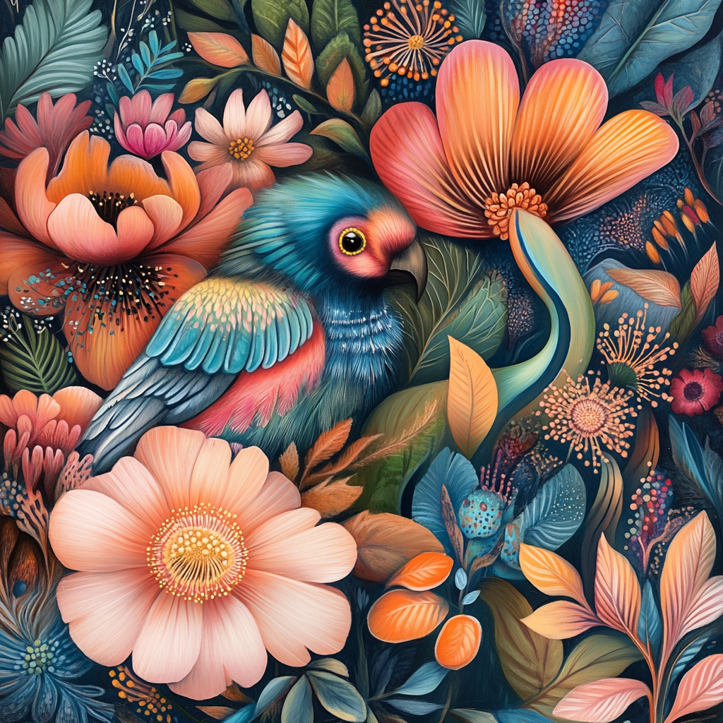 Vivid garden with large blooms and colorful paradise birds.