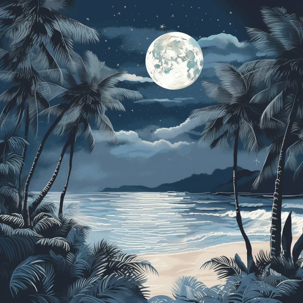 Vivid moonlit beach scene with palm trees and ocean waves