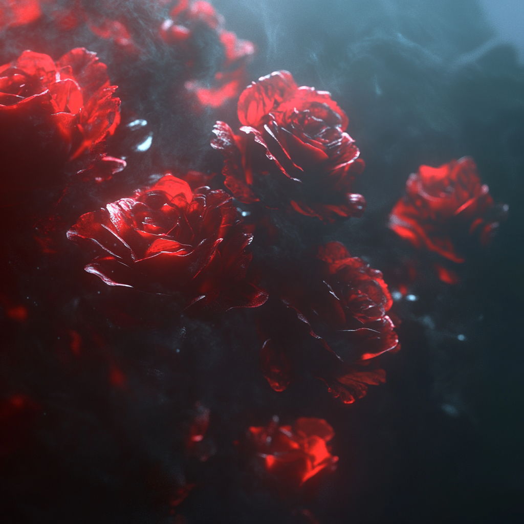 Vivid red roses floating in dark, ethereal space background.