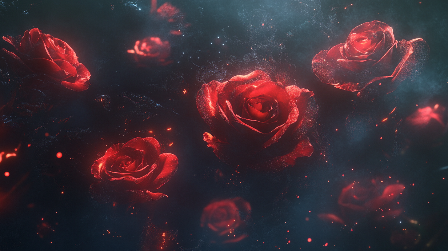 Vivid red roses glowing in dark ethereal space.