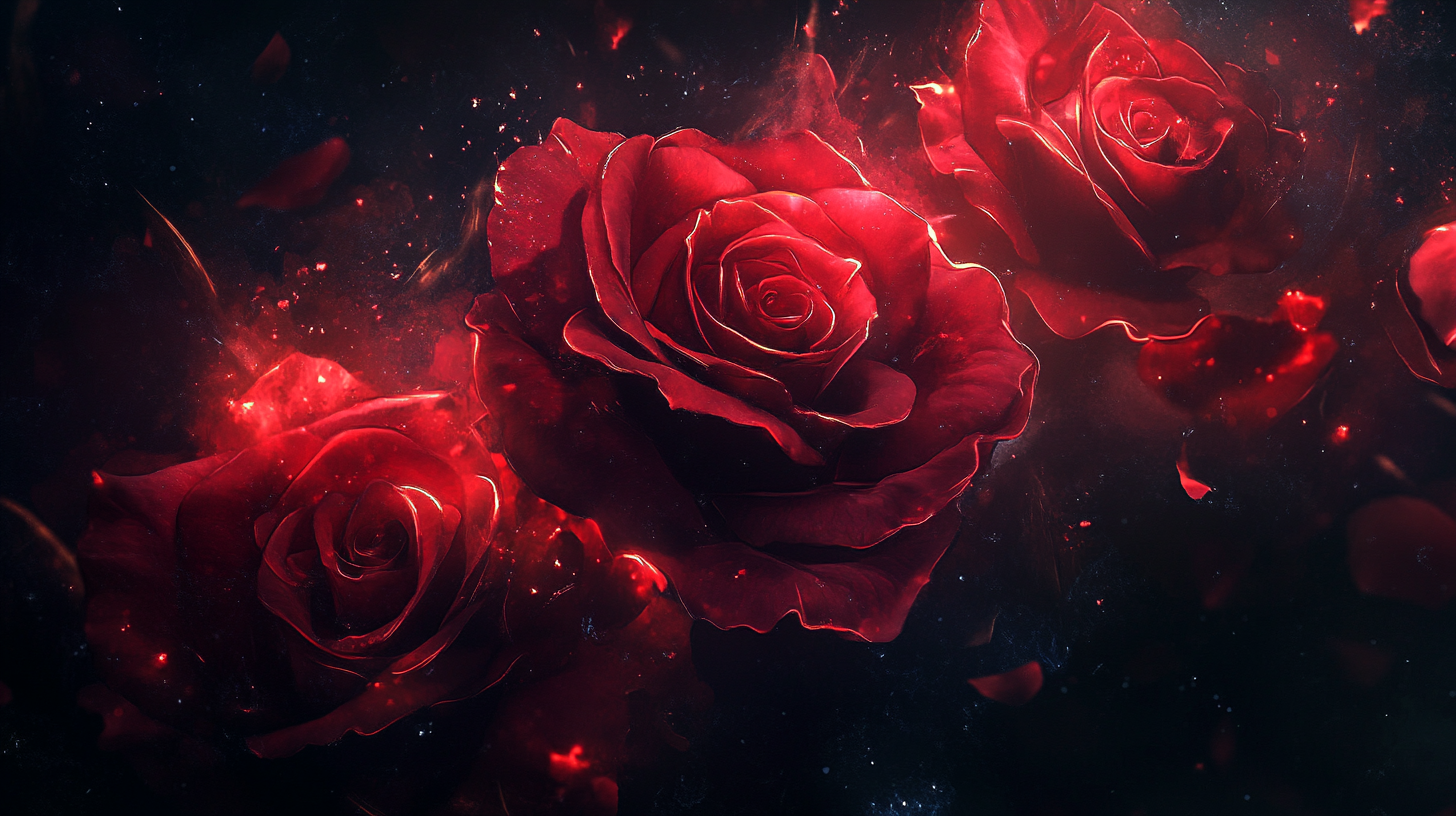 Vivid red roses in glowing light against black background.