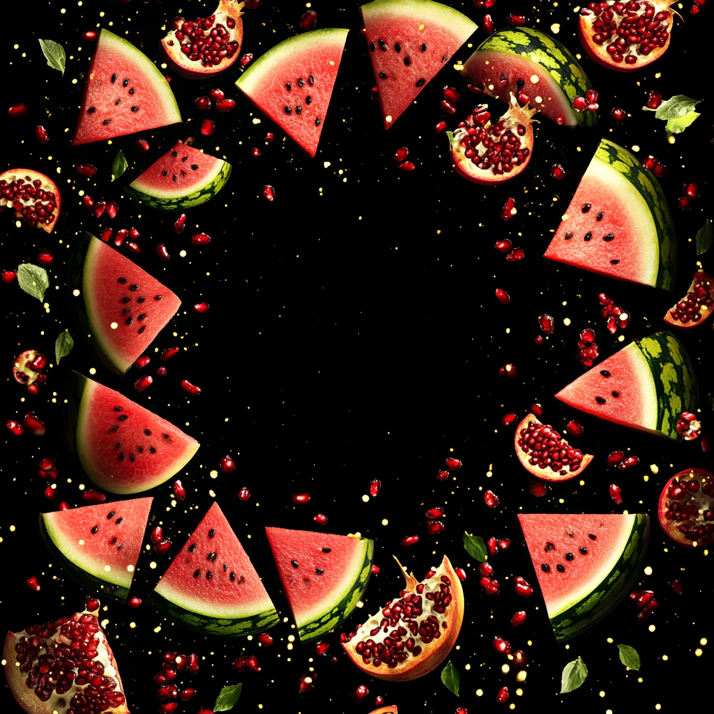 Vivid watermelon and pomegranate slices arranged on background.