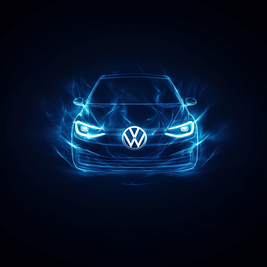 Volkswagen logo illuminated by blue pulsating energy on dark background.