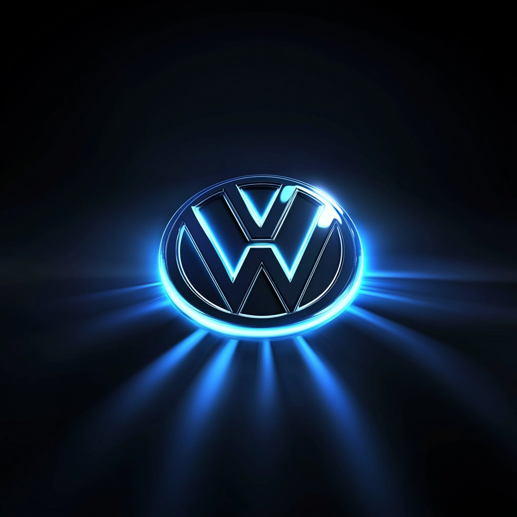 Volkswagen logo illuminated by blue pulsating energy.