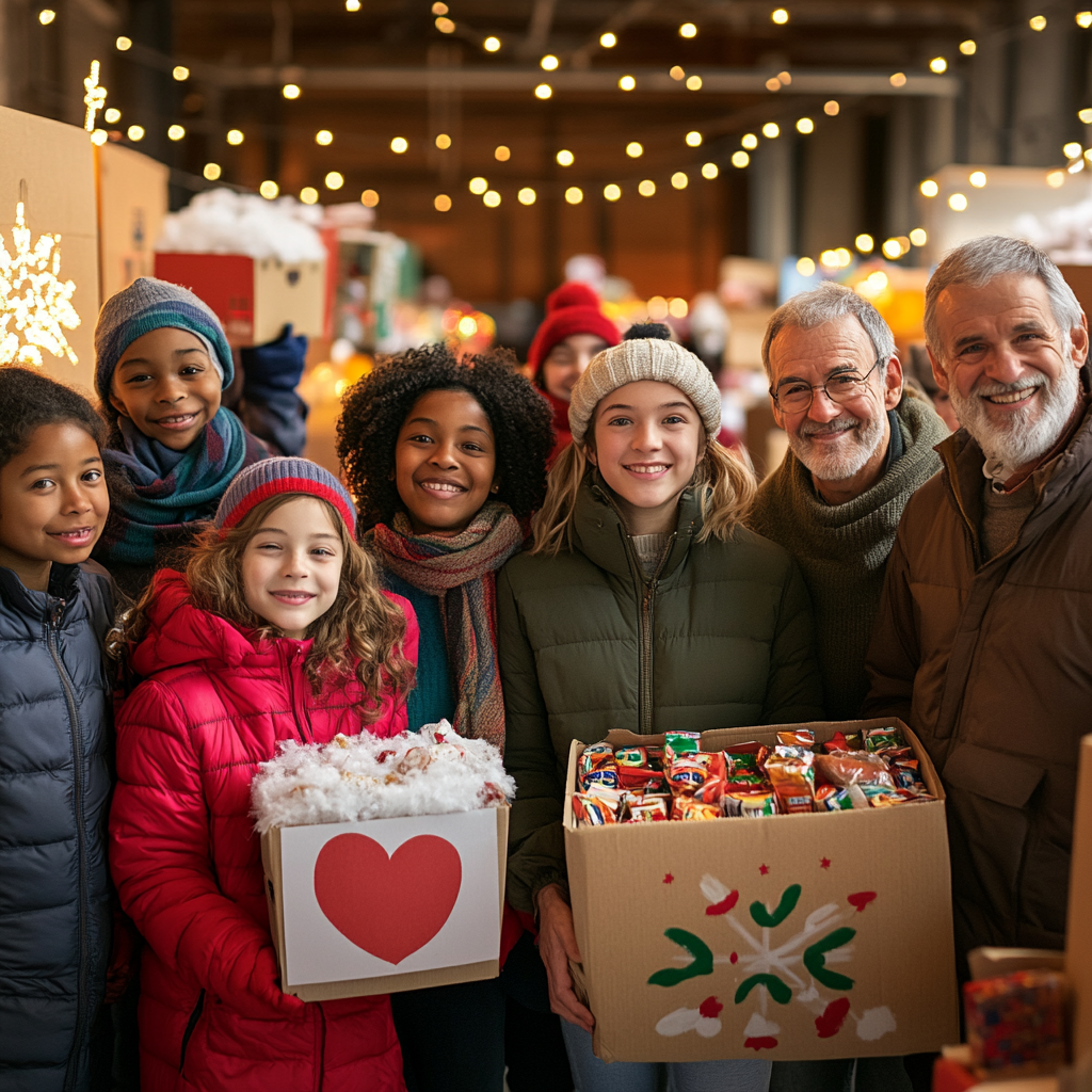 Volunteers of all ages encouraging holiday food donations.