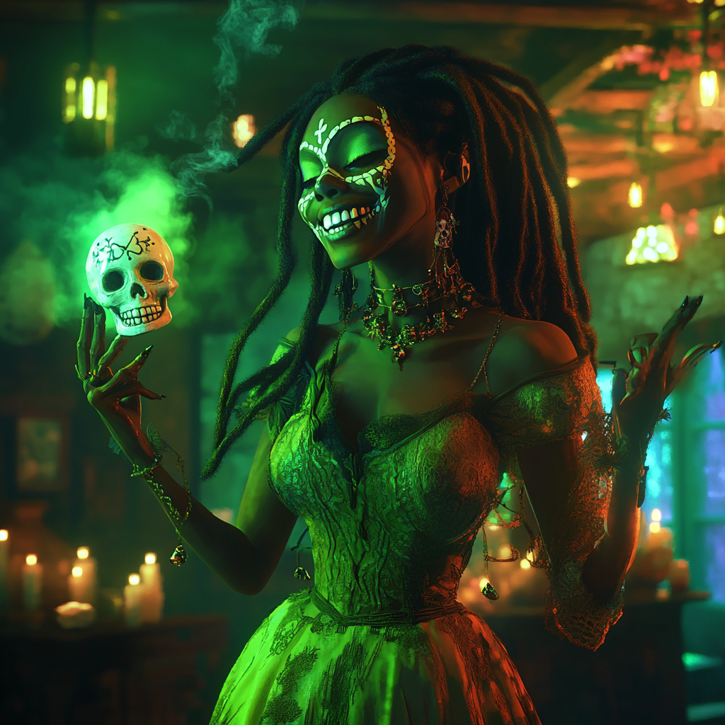 Voodoo witch with sugar skull in green dress glowing.