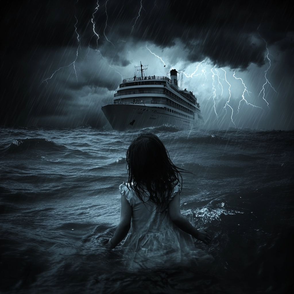 Vulnerable Girl Struggling in Ocean's Stormy Darkness