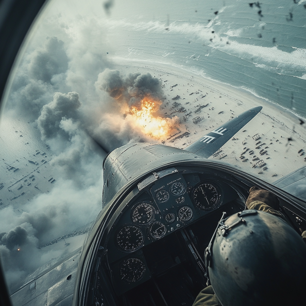 WWII scene with BF109 on strafing run at Dunkirk.