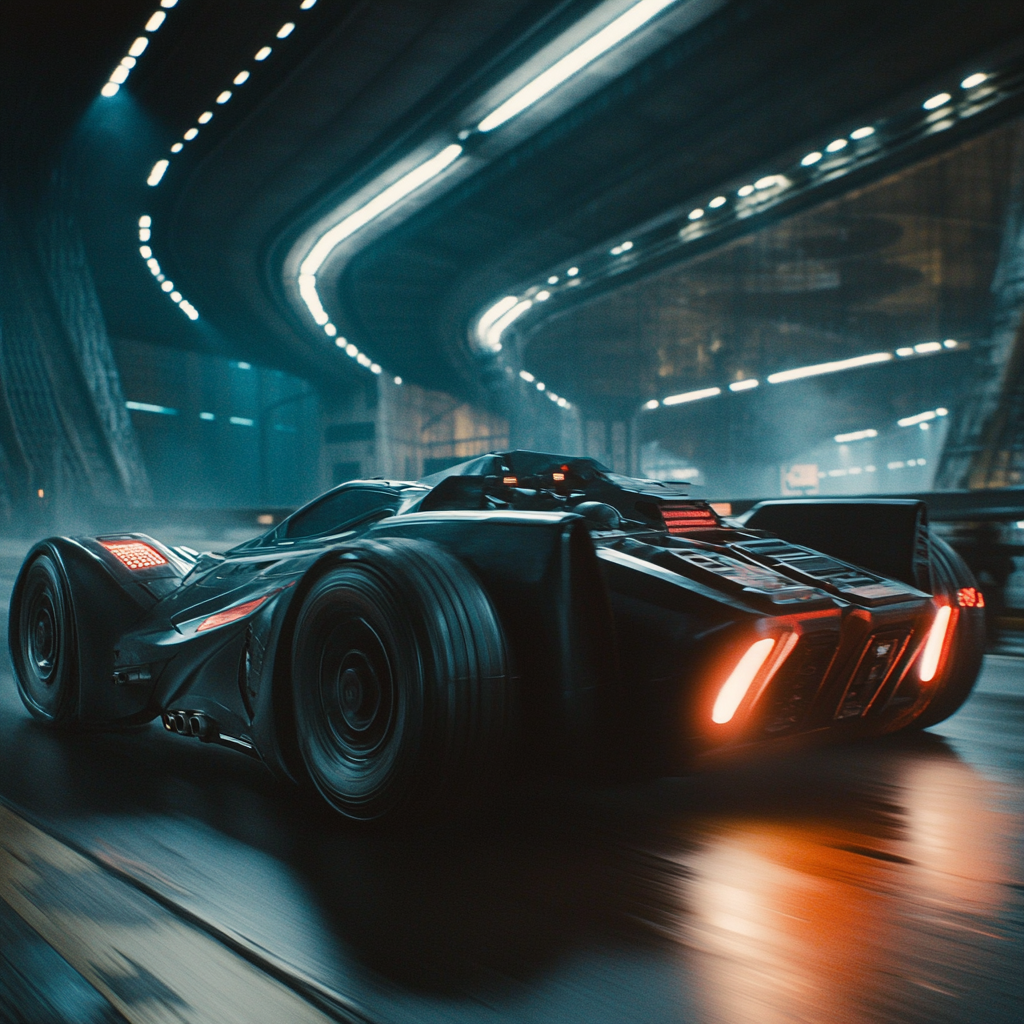 Wade races Batmobile-like car under city with cape