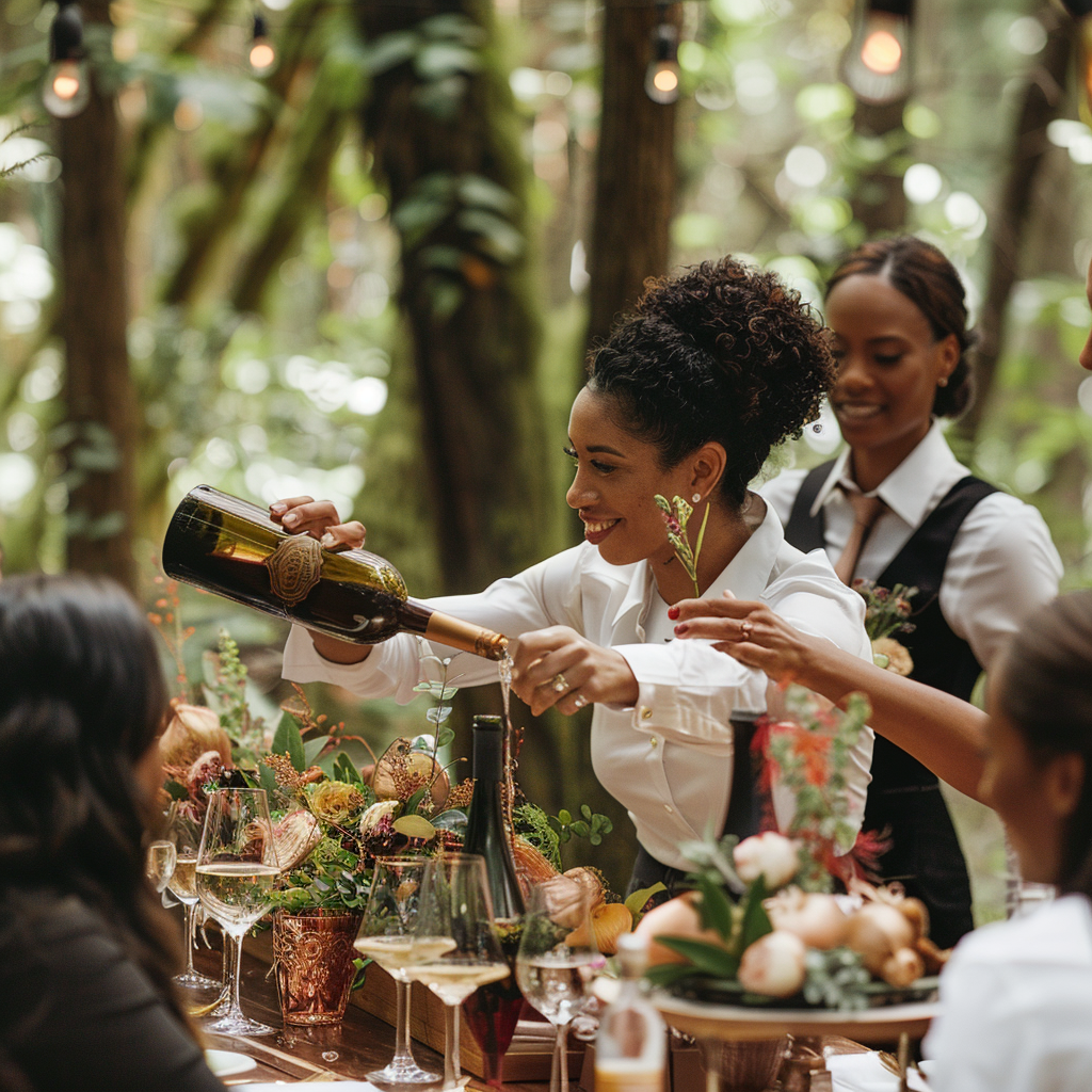 Waitstaff pouring drinks for corporate guests in forest dinner