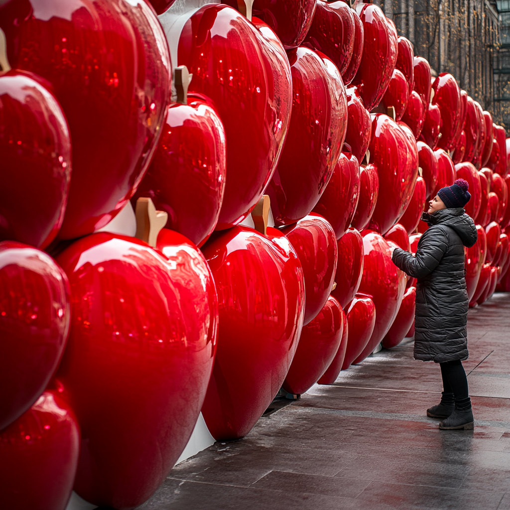 Walking through red apple walls in winter.