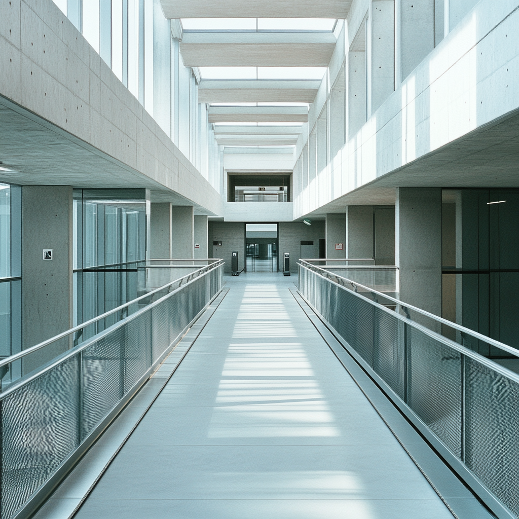 Walkways in modern building with handrails, kiosk at end.