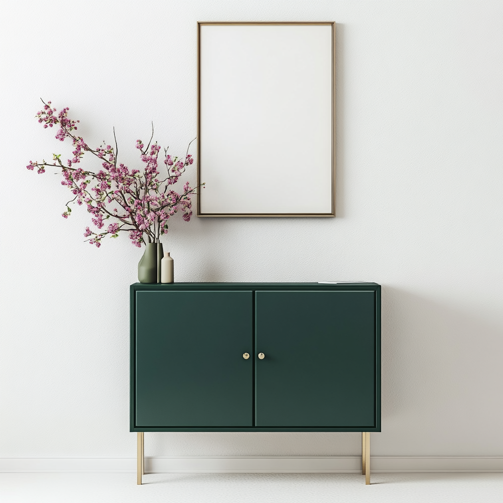 Wall with green cabinet, flower decor, empty frame.