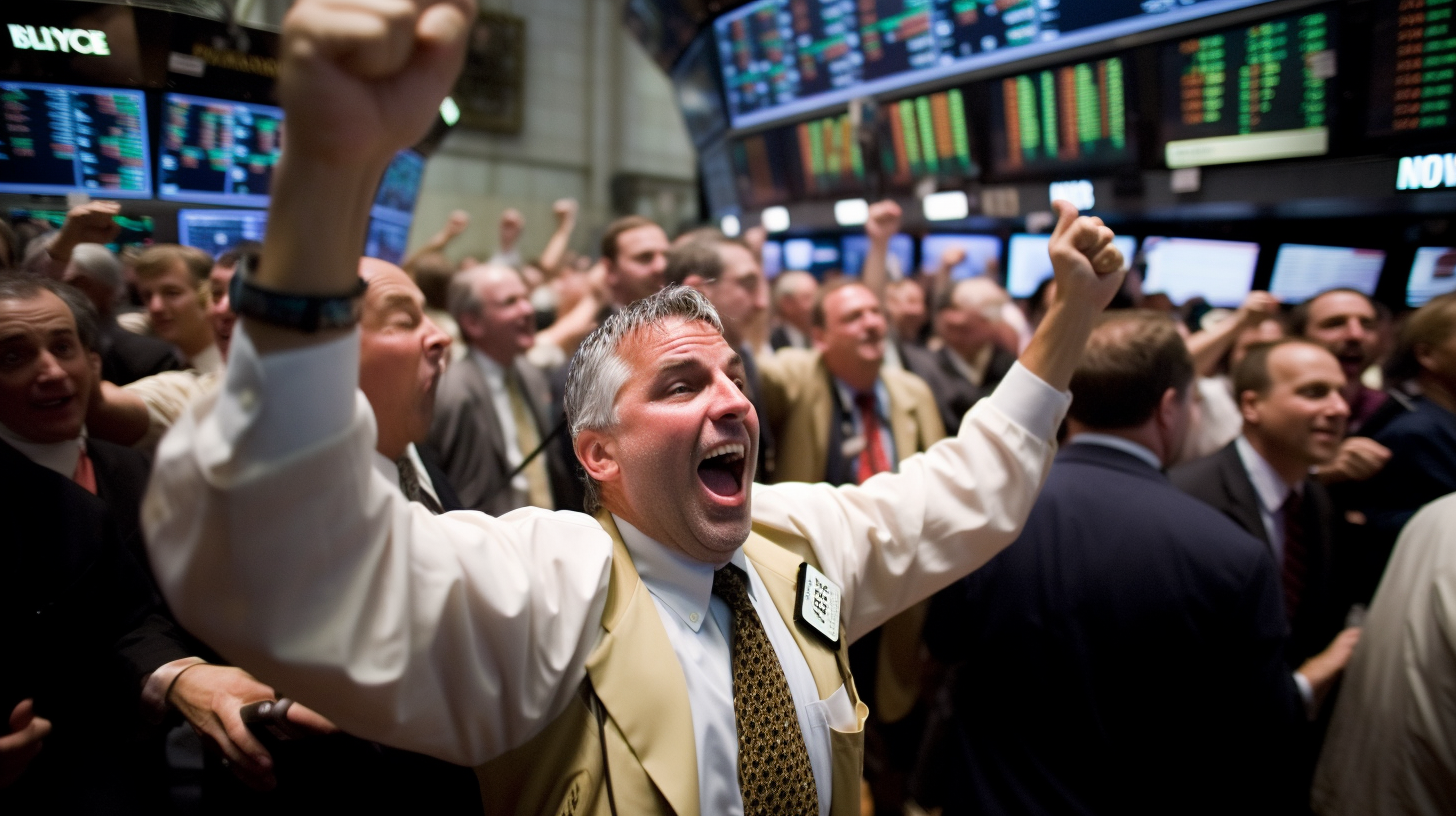 Wallstreet trader celebrating financial victory