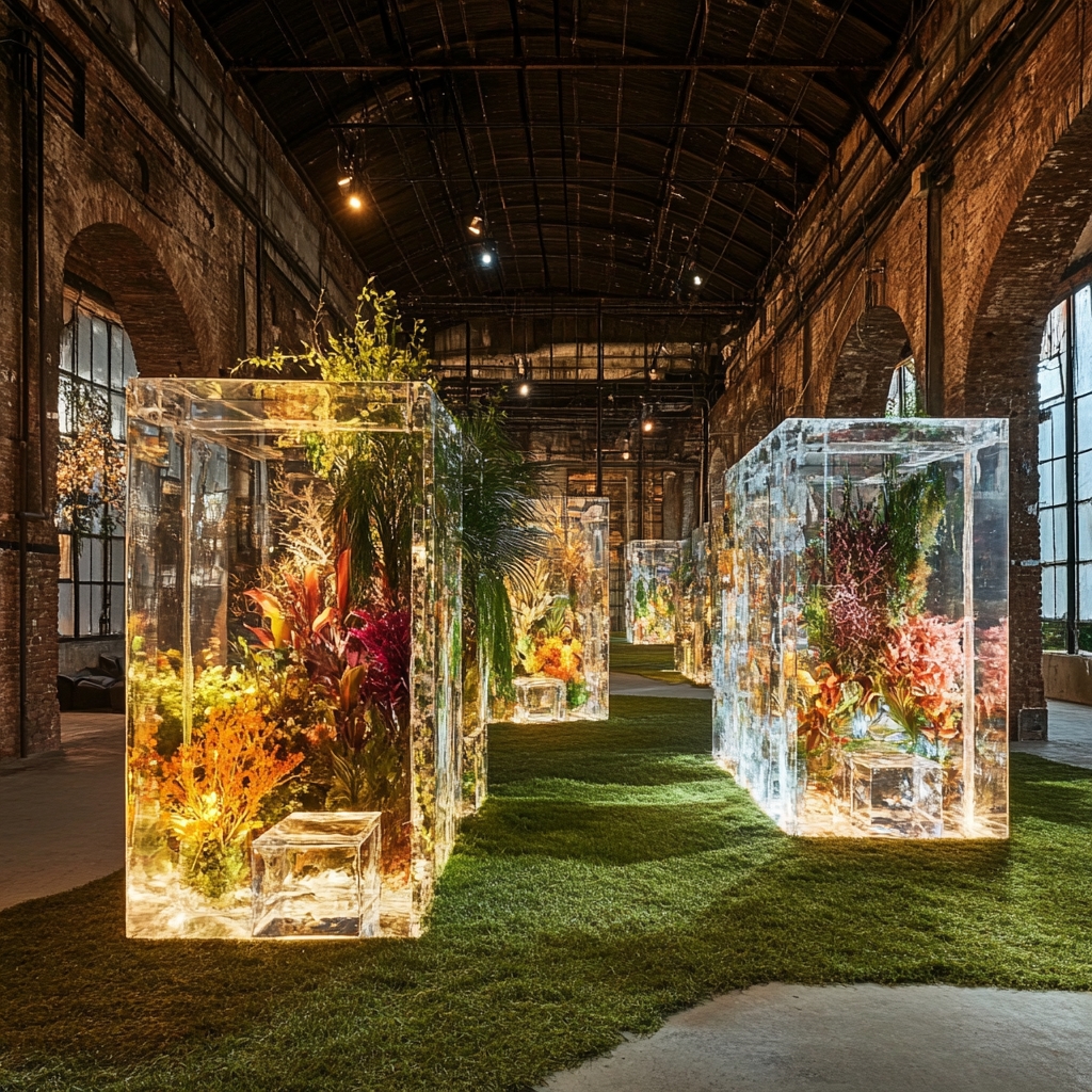 Warehouse plants encased in ice, grass floor, pendant lights